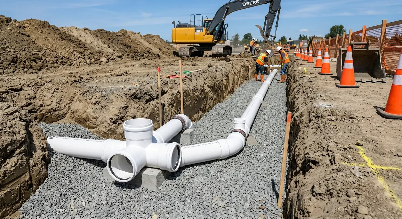 New PVC sewer pipe installation in open trench for Sewer Backup in Perry